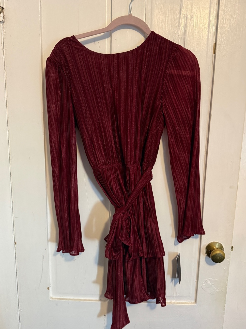Women’s Long Sleeve Pleated Wrap Dress - Wine